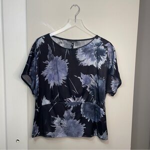 Lafayette 148 New York Black 100% Silk Floral Short Sleeve Blouse Women Size 12